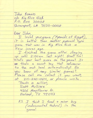 One of the many letters Miller wrote to John Romero in an effort to enter into a business partnership. (Photo credit: John Romero.)