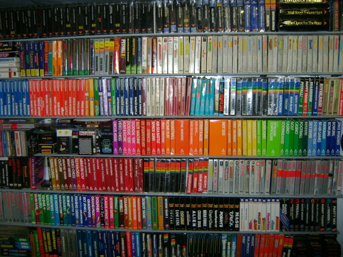 John's collection of Atari cartridges for the Video Computer System (aka VCS, or Atari 2600) and other consoles.