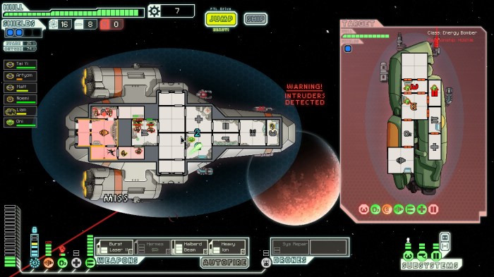 Ma and Davis played around with different configurations before deciding on a static layout for FTL. The player's ship faces the right, while the enemy ship points upward.