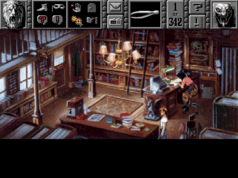 GK: Sins of the Fathers's graphical user interface. Each icon represents an action, or verb. Players click on the action they want to perform, then click on a game element--such as a character or item--to perform that action.
