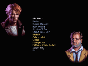 Gabriel (left), Jensen's consummate bad boy with a heart of gold. This screenshot shows the extensive conversation interface players could trigger by clicking on NPCs.
