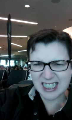 S. D. Perry hanging out in an airport terminal.