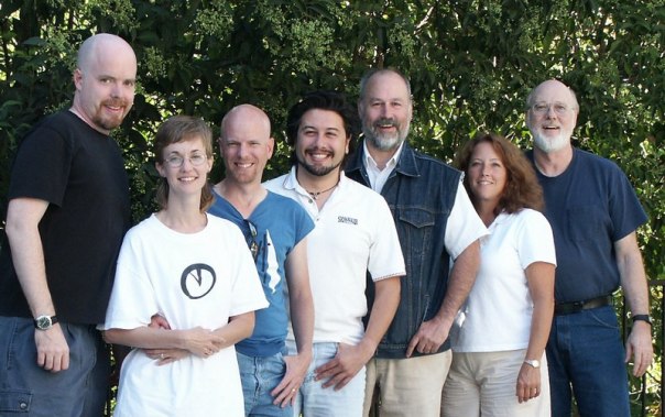 A Softdisk reunion held in 2003. From left to right: Tom Hall, Rhonda Reimers, Lane Roathe, John Romero, Jim Weiler, Carolyn Drain, Fender Tucker. (Photo credit: John Romero.)