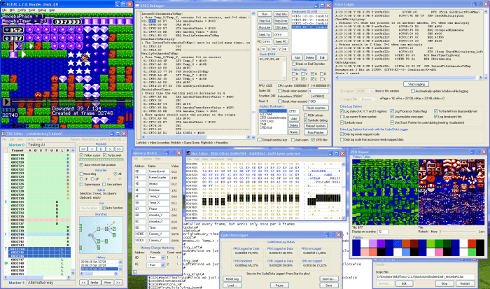 FCEUX's interface, which shows a game running and its corresponding 6502 assembly code.