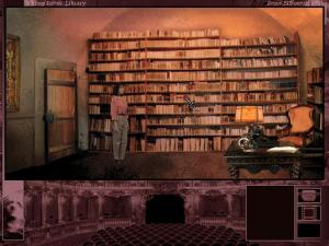 The smart cursor in action. Here, Grace peruses Gabriel's library. Clicking on a bookcase triggers a cinematic showing Grace picking out a book relevant to the mystery that drives the game.