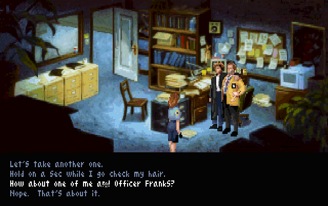 The puzzle: a drawing of a voodoo symbol is under close watch by an officer out in the lobby. The solution is rather involved, as adventure-game fans would expect. First, visit Det. Mosely in his office. Ask him to call in the officer from the lobby so she can take their picture. Then make an excuse about a bad hair day and sneak into the lobby to scan off a photocopy. Elementary, my dear Knight.