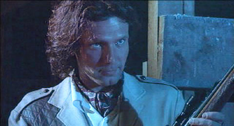 "This is one of only a few setups that were not shot on the blue screen stage. The camera is inside a barn not far from the studio and was shot day-for-night. The idea is that there is full moon light (established in another shot) coming through a window and illuminating the scene from screen right. A dim incandescent light inside the barn (established in another shot) is shining from screen left." - Randy Littlejohn (Image used with permission).