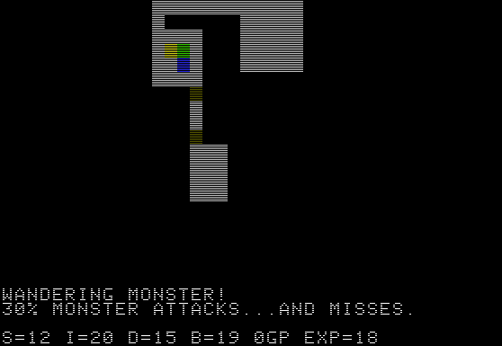 Beneath Apple Manor. The player, represented by a blue block, encounters a slime (green block) standing near a treasure chest (yellow block). The brown blocks between each gray room represent doors. (Image: CRPG Addict.)